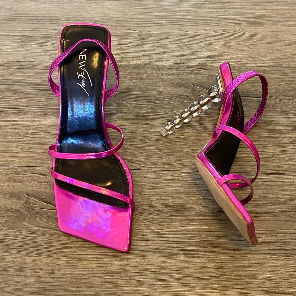 Barbie pink shiny metallic heels